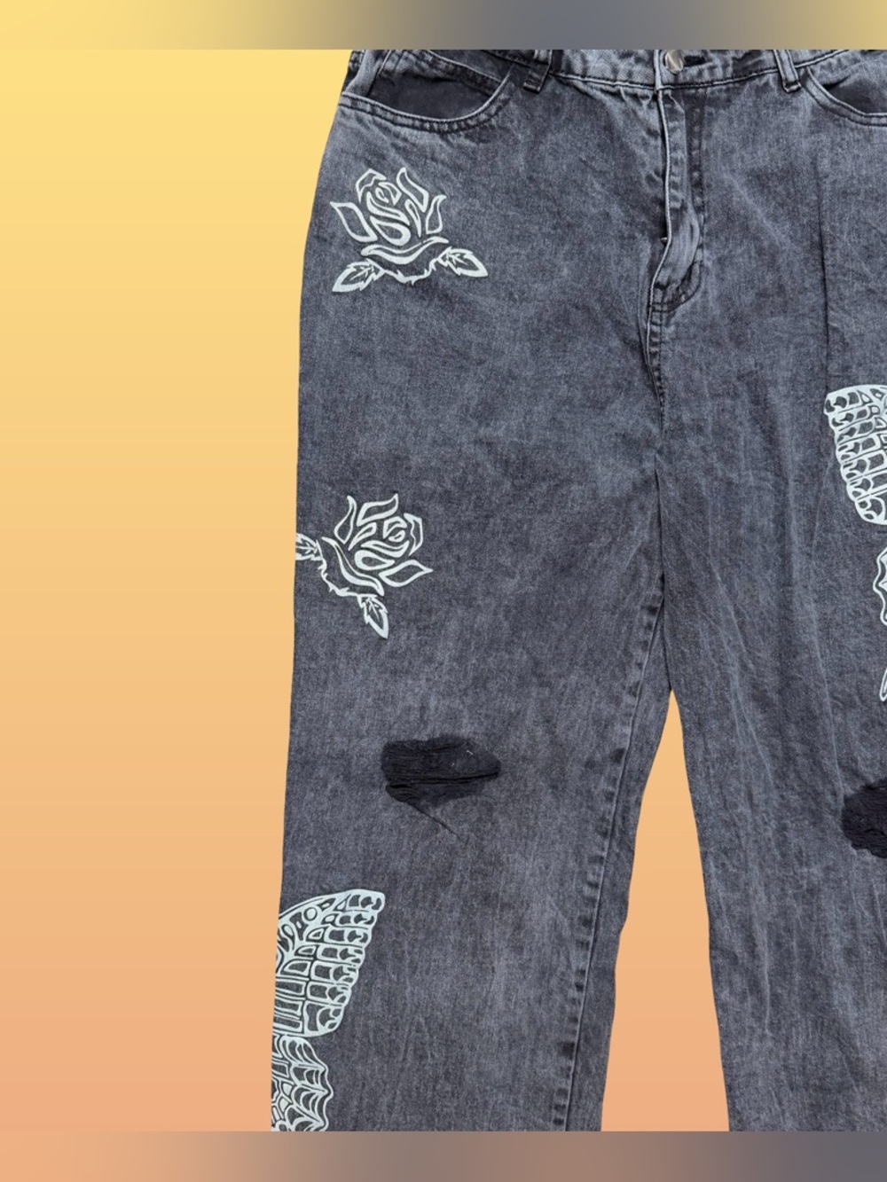 Daisy Street Butterfly Rose Graphic Wide Leg Jeans Gray Acid Wash Distressed XL - Picture 4 of 8
